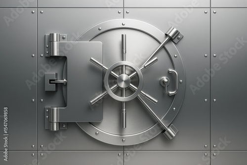Closed steel bank vault door with polished metallic finish on clean industrial wall background, symbolizing financial security and business protection.