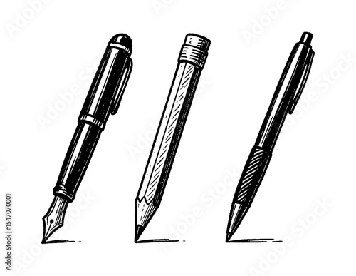 Hand Drawn Sketch of Pen, Pencil, and Ballpoint Pen on White Background