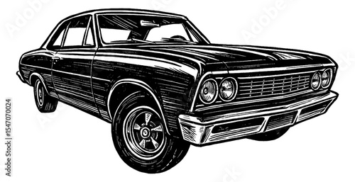 Illustration of a Classic Car in Black and White Engraved Style Vector