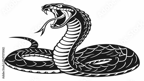 High contrast black silhouette of a snake coiled and ready to strike on transparent or isolated white background

