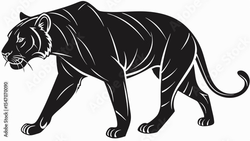 High contrast black silhouette of a tiger in stalking pose on transparent or isolated white background

