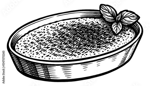Black and white illustration of casserole dish with basil leaves on top detail drawing