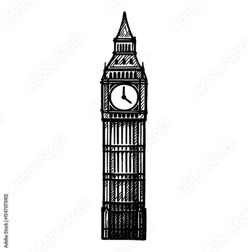 Illustration of Big Ben Clock Tower in London England with Detailed Black and White Line Art