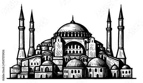 Detailed Black and White Engraving of Hagia Sophia Mosque in Istanbul Turkey with Minarets