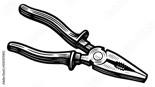 Black and White Illustration of a Pair of Pliers Tool with Detailed Shading