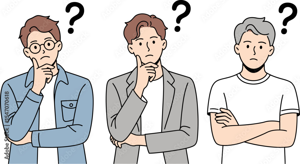 Three men thinking hard vector illustration concept for problem solving and decision making process design editable stock vector Three men thinking hard vector illustration concept for problem solving and decision making process design editable stock vector