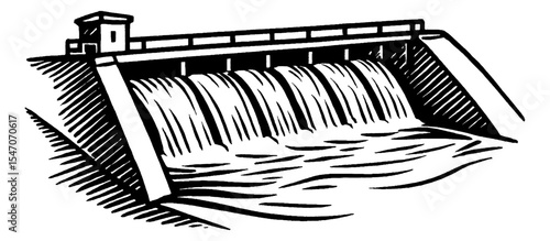Illustration of hydroelectric dam with flowing water in black and white color