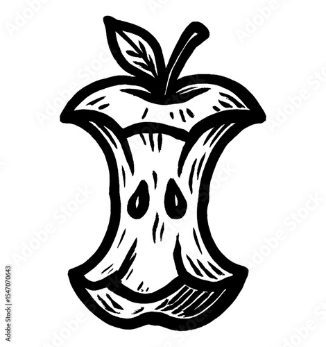 Black and white illustration of an apple core with a leaf, simple linocut style.