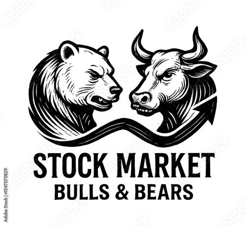 Stock Market Bulls and Bears Graphic Illustration with Arrow in Engrave Style
