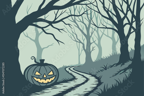 Jack-o'-lantern with glowing eyes on a foggy forest path, mysterious and moody