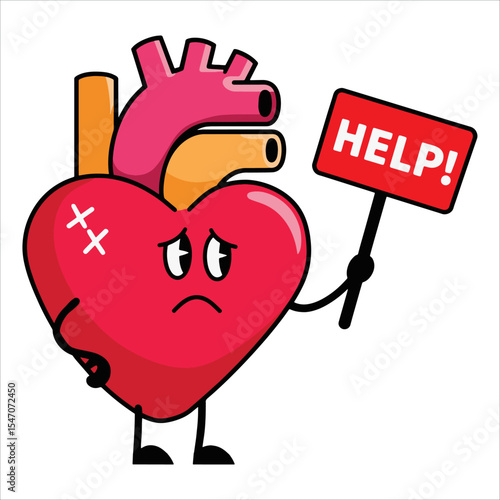 Sad unhealthy heart mascot vector. Damaged cardiac character needing help for medical awareness themes.