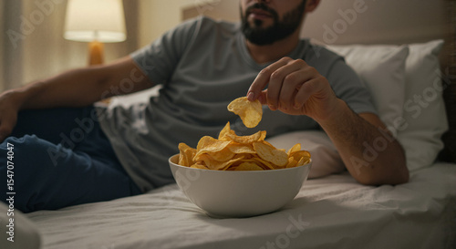 Man relaxing in bed while eating chips from a bowl at night  