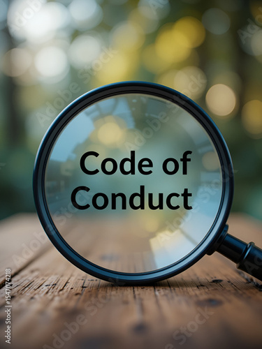A magnifying glass placed on a wooden surface highlighting the words Code of Conduct with a bokeh nature background, representing ethics, workplace policy, and transparency