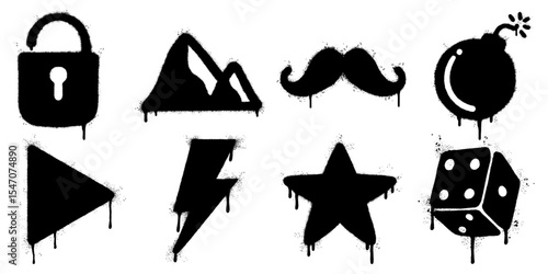 set of black stencil graffiti icons created with spray paint, featuring a lock, mountain, mustache, bomb, play button, lightning bolt, star, and dice.