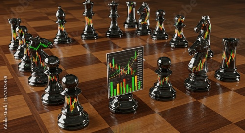 Chess Pieces with Stock Market Chart on Wood Chessboard Surface