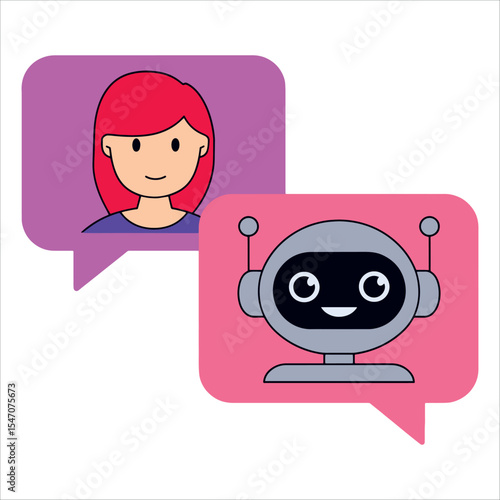 Friendly AI chatbot character communicating with woman via messaging app vector. Cheerful flat cartoon illustration on white background, perfect for customer service bots and technology concepts.