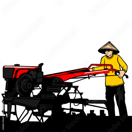 farmers plowing their fields using a tractor vector illustration