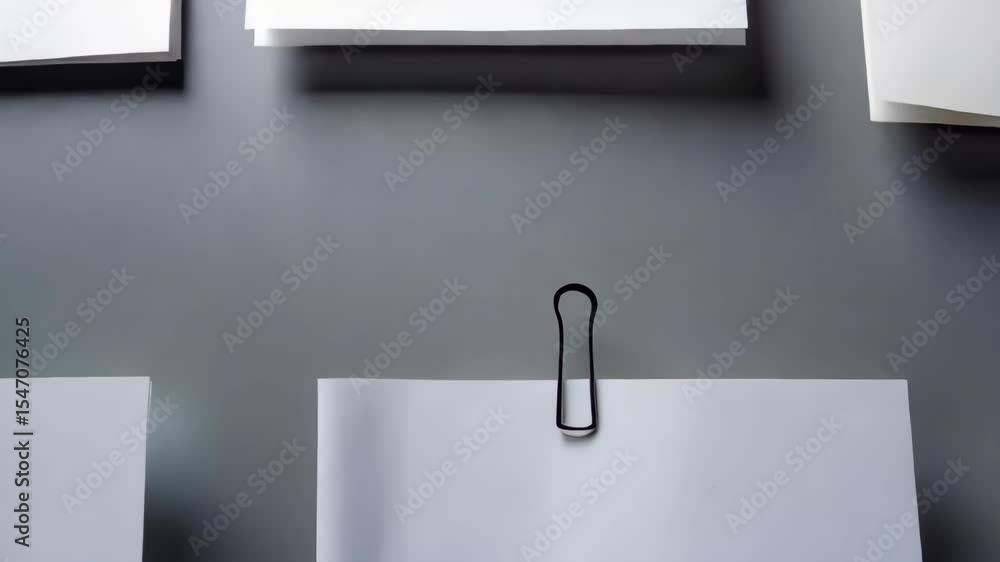 Arrangement of blank white paper sheets attached to a gray wall using binder clips and a tack, ready for text or design