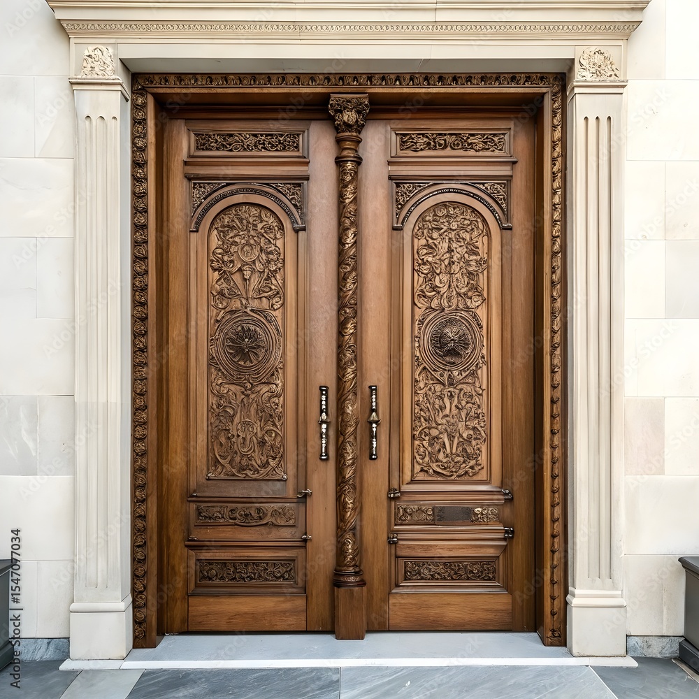 Obraz premium Grand Wooden Entryway Mansion's Open Doors