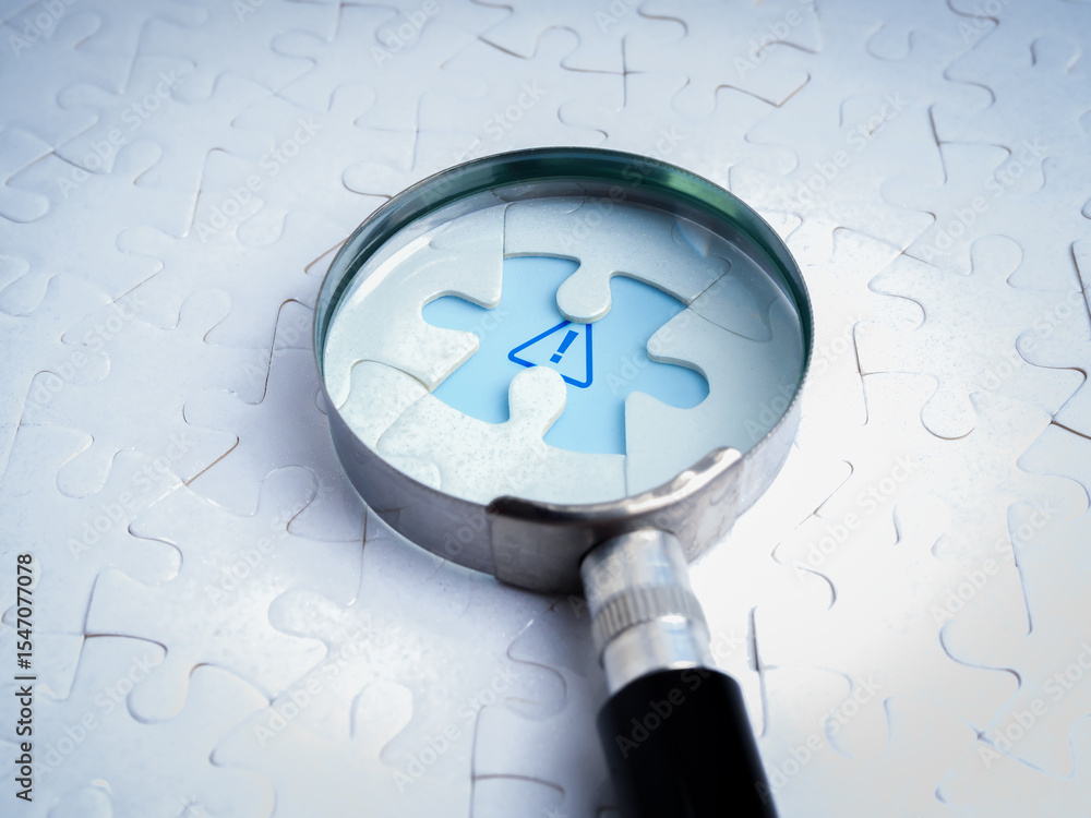 Fototapeta premium Business solutions, problems found, problem solving concept. Close-up blue caution sign, graphic on space of last missing piece, focus in magnifying glass lens, on white jigsaw puzzle background.