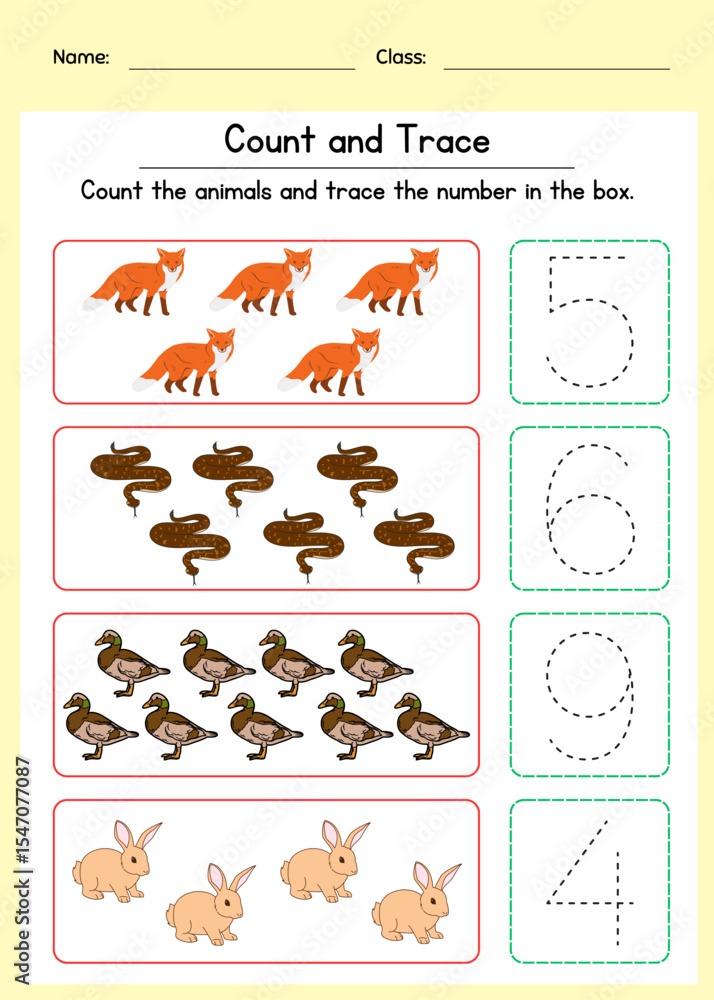 Obraz premium Animal counting and tracing worksheet for kids. Count the animals and trace the correct number. Preschool math printable.