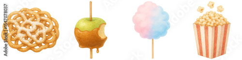 A watercolor illustration of four classic fair snacks: a pretzel, a caramel apple, pink and blue cotton candy, and a striped popcorn box.