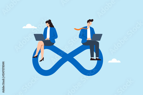 Flat illustration of business people sitting on infinity loop while working on laptops to represent continuous workflow, agile collaboration, and sustainable productivity