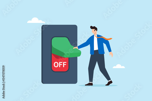 Flat illustration of businessman turning off giant switch to take break from work symbolizing digital detox burnout recovery and work-life balance