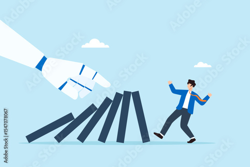 Flat illustration of robot hand pushing domino chain to knock down businessman symbolizing AI automation risk and threat to human employment