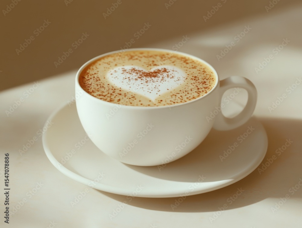 Obraz premium A tranquil close-up of a cappuccino with a delicately crafted heart-shaped design. The warm beverage sits in a pristine white cup, exuding an inviting atmosphere of morning calm and indulgence.