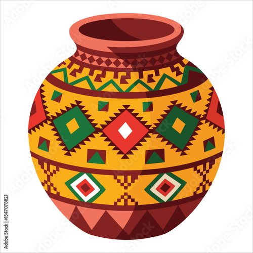 Traditional African clay pot vector illustration on white. Cultural artifact design perfect for heritage exhibits and ethnographic studies.