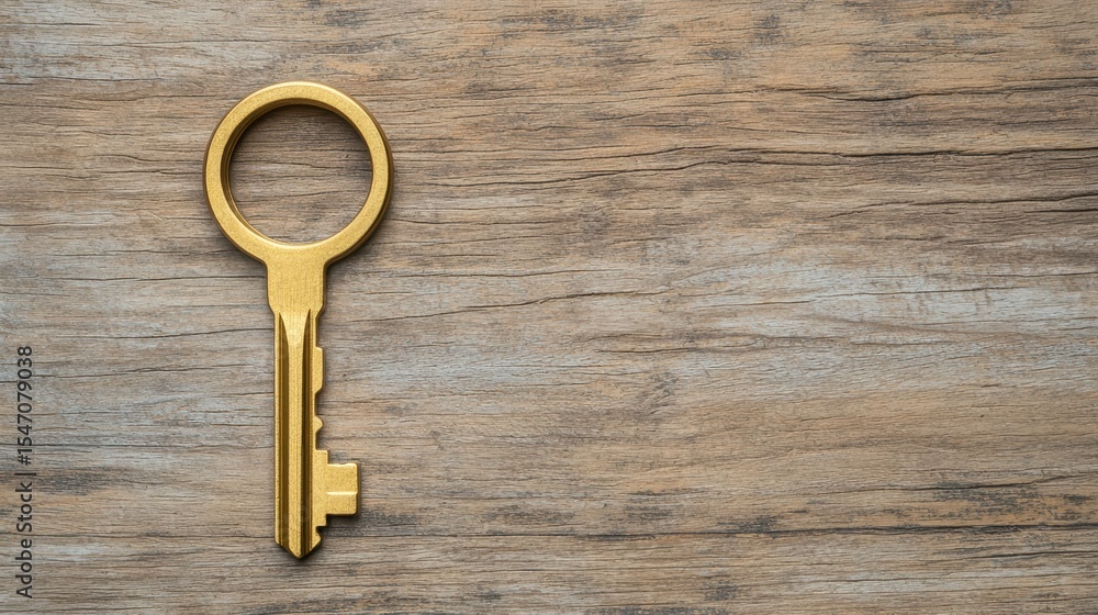 Golden key on rustic wooden surface, perfect for concepts of security, access, and mystery in design and art Golden key on rustic wooden surface, perfect for concepts of security, access, and mystery in design and art