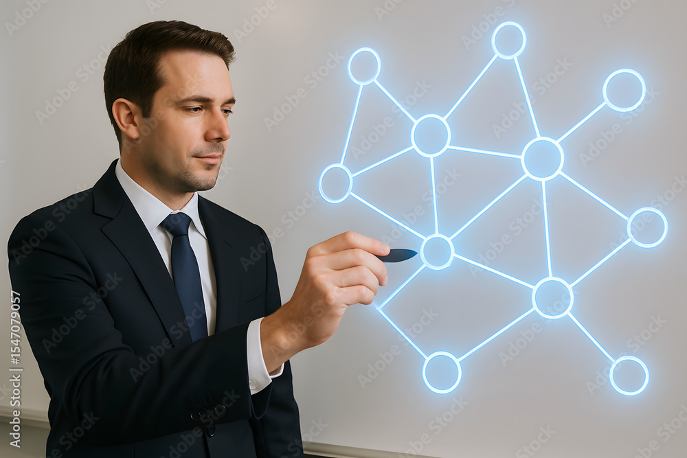 Blockchain Concept: A focused professional, immersed in deep concentration, utilizes innovative technology to explore the intricacies of interconnected digital data. Blockchain Concept: A focused professional, immersed in deep concentration, utilizes innovative technology to explore the intricacies of interconnected digital data.