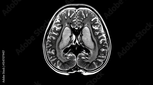An evocative grayscale MRI scan reveals the intricate structure of a human brain, highlighting its neural pathways and cognitive complexities.