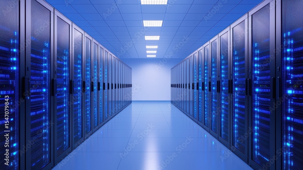 Fototapeta premium Server Room Corridor with Blue LED Lights and Modern Technology in a Data Center Environment