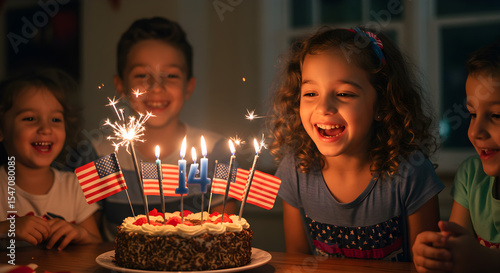 Birthday Cake with Candles and American Flags Sparklers | Happy Children Celebrating Independence Day or Patriotic Event