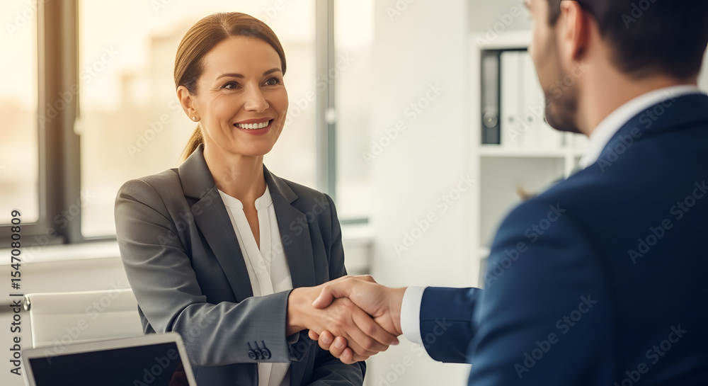 Handshake of Agreement: A poised woman, exuding confidence and warmth, seals a deal with a firm handshake, symbolizing successful business. Capturing the essence of cooperation and achievement. Handshake of Agreement: A poised woman, exuding confidence and warmth, seals a deal with a firm handshake, symbolizing successful business. Capturing the essence of cooperation and achievement.