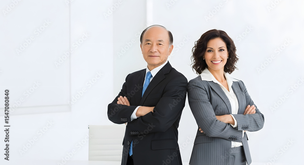 Asian businessman and caucasian businesswoman with confidence: An asian businessman and caucasian businesswoman stand back-to-back with confidence, symbolizing partnership. Asian businessman and caucasian businesswoman with confidence: An asian businessman and caucasian businesswoman stand back-to-back with confidence, symbolizing partnership.
