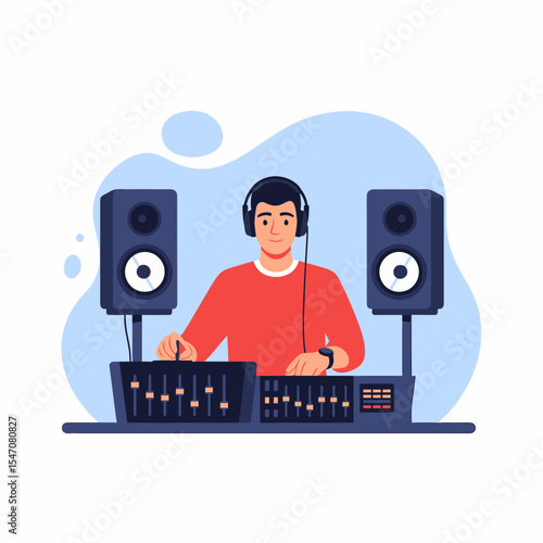 Man DJing with Headphones Mixing Music on Console with Speakers