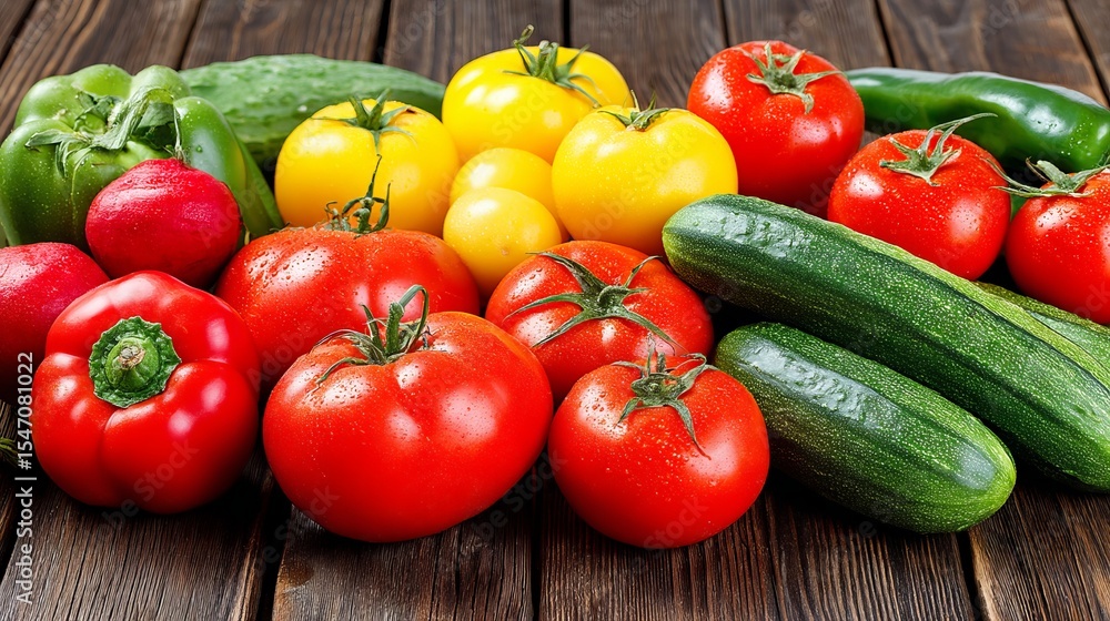 Fresh ripe tomatoes and zucchinis arranged on a wooden surface for healthy cooking Fresh ripe tomatoes and zucchinis arranged on a wooden surface for healthy cooking