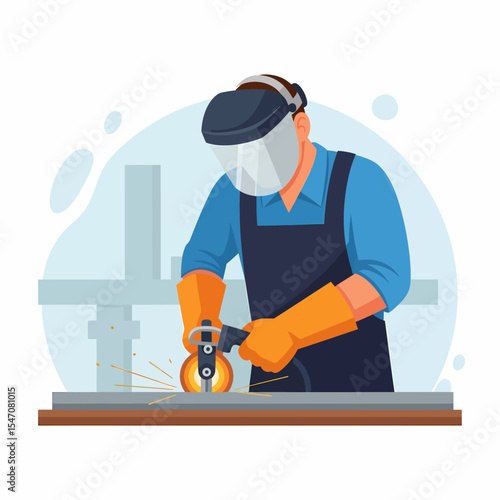 Welder Grinding Metal Sparks Flying Construction Worker Illustration Vector Graphic