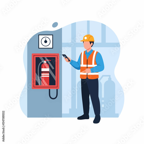 Fire Safety Inspection Worker Checking Fire Extinguisher Using Mobile App