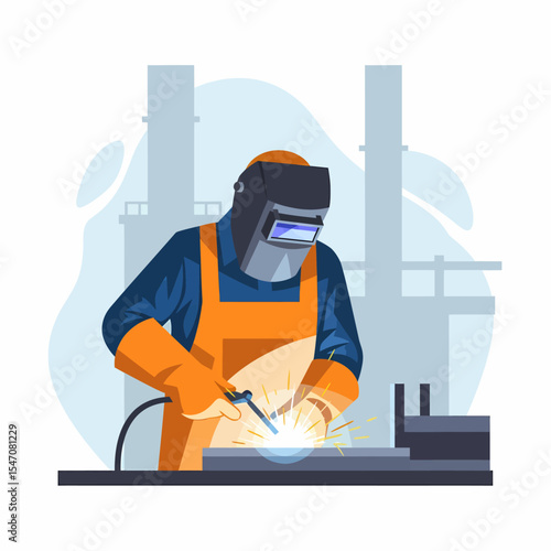Professional Welder at Work Industrial Scene Vector Illustration