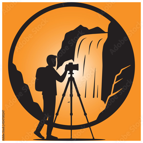Silhouette of a photographer capturing waterfall landscape within an orange circle