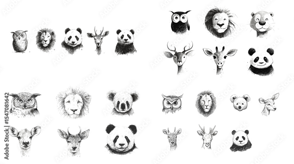 Hand-drawn animal face illustrations featuring lion, panda, owl, and deer in black and white sketch style. Perfect for wildlife art, educational designs, and nature-themed projects. Hand-drawn animal face illustrations featuring lion, panda, owl, and deer in black and white sketch style. Perfect for wildlife art, educational designs, and nature-themed projects.