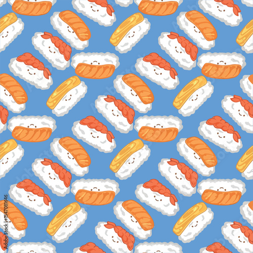 Seamless pattern with sushi and rolls on a blue background.