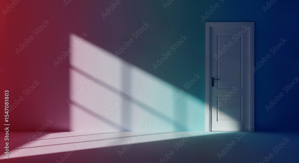 Obraz premium White closed door in a room with colorful walls and window shadow