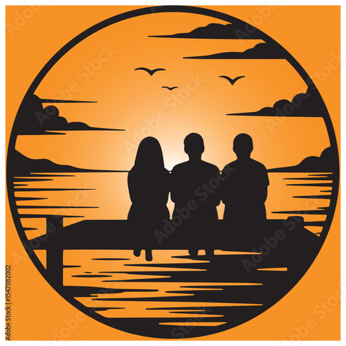 Silhouetted friends admiring sunset over calm water with birds flying across the horizon