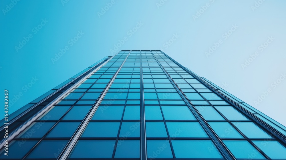 Fototapeta premium Modern skyscraper design with glass facade and clear sky background, viewed from ground level upward perspective
