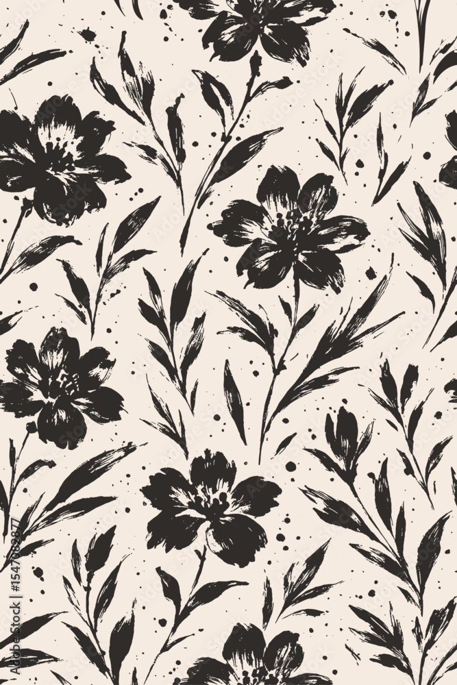 Seamless floral pattern with hand-drawn black flowers and leaves on textured background. Seamless floral pattern with hand-drawn black flowers and leaves on textured background.